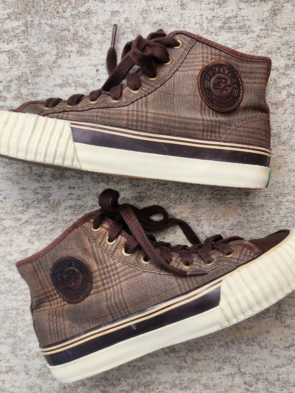 PF Flyers Brown Canvas Plaid High-Top Grunge Skater Sneakers, Sz M 5.5, W 7